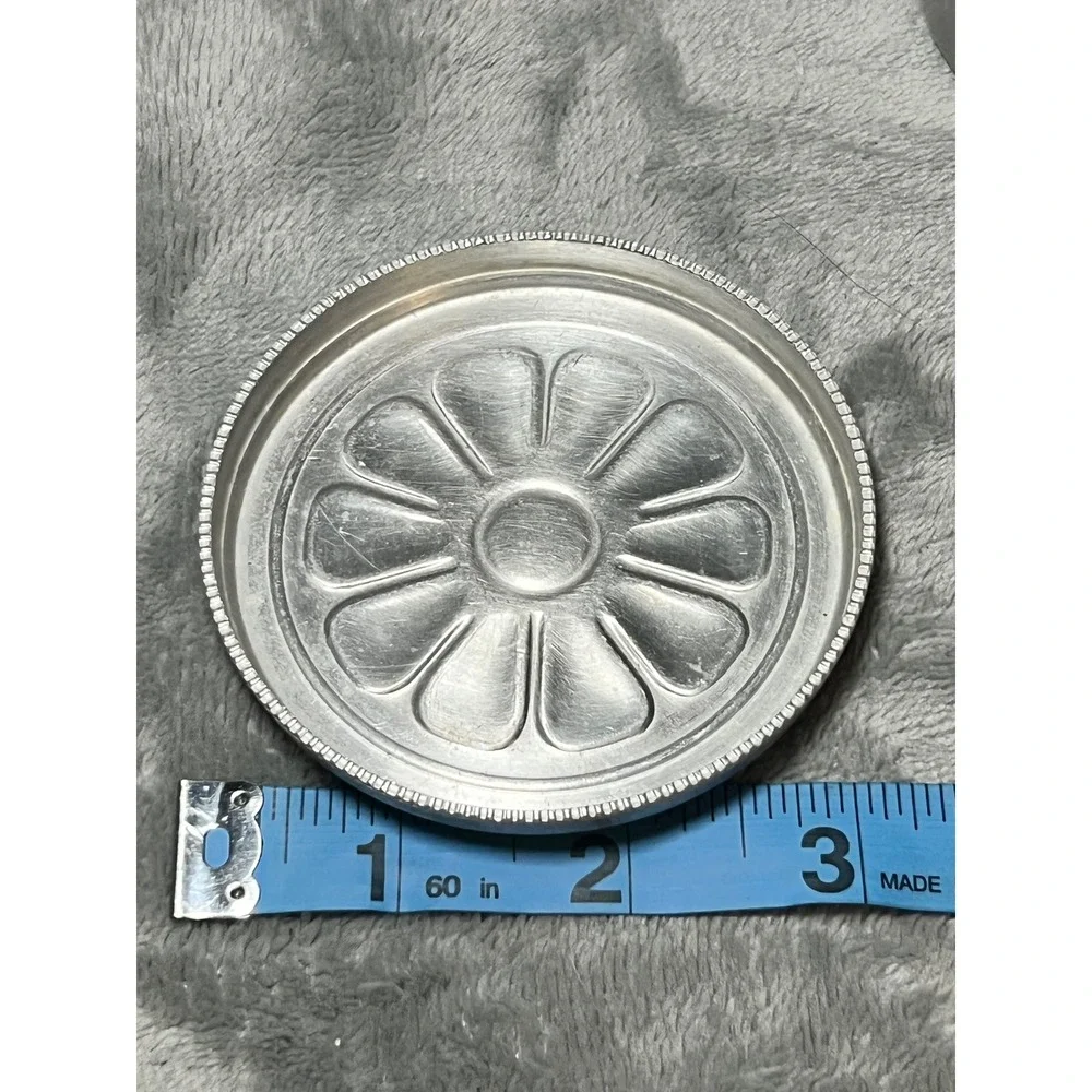 Vintage Aluminum Set of 6 Coaster Holder Floral Embossed Silver Metal Barware